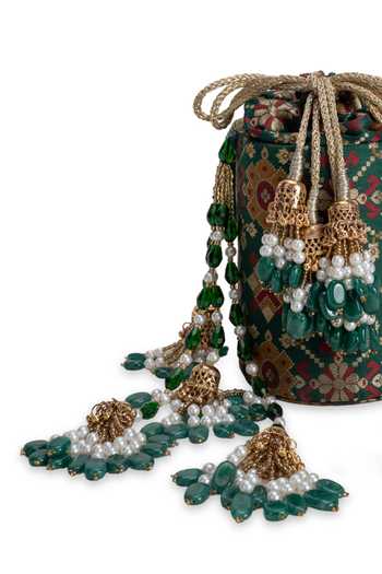 5elements_Green Beads, Pearls, Zari, Tassels Pannika Floral Motif Pattern Potli _at_Aza_Fashions
