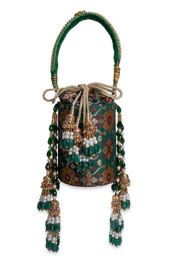 Buy_5elements_Green Beads, Pearls, Zari, Tassels Pannika Floral Motif Pattern Potli 