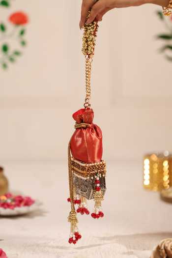 5elements_Red Beads, Pearls, Tassels Raktika Brocade Potli _Online_at_Aza_Fashions
