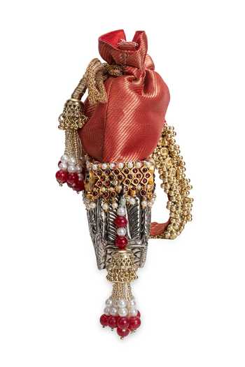 Buy_5elements_Red Beads, Pearls, Tassels Raktika Brocade Potli _Online_at_Aza_Fashions