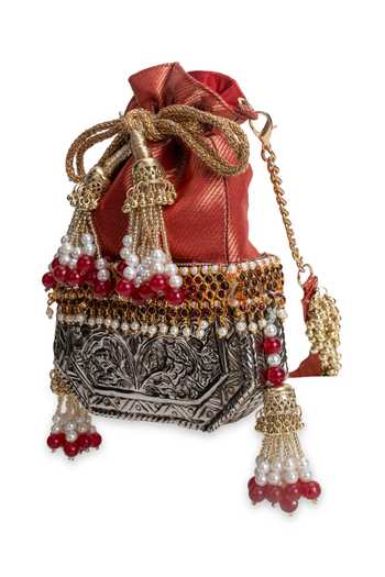 Shop_5elements_Red Beads, Pearls, Tassels Raktika Brocade Potli _Online_at_Aza_Fashions