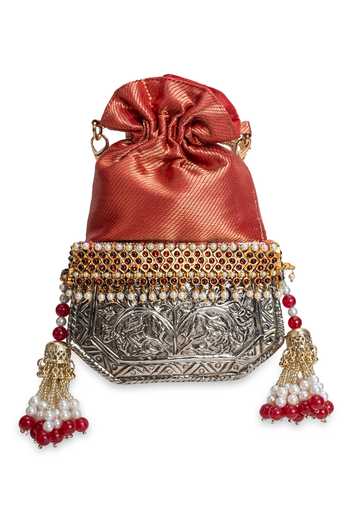5elements_Red Beads, Pearls, Tassels Raktika Brocade Potli _at_Aza_Fashions