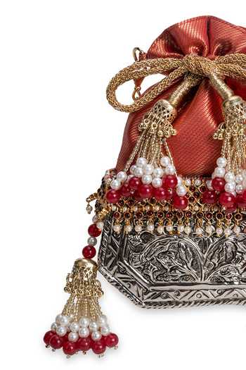 Buy_5elements_Red Beads, Pearls, Tassels Raktika Brocade Potli 