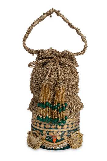 5elements_Green Beads, Zari, Tassels Kanakmayuri Embellished Potli _Online_at_Aza_Fashions