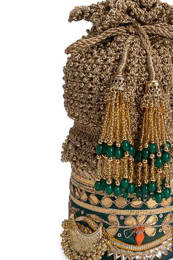 Shop_5elements_Green Beads, Zari, Tassels Kanakmayuri Embellished Potli _Online_at_Aza_Fashions