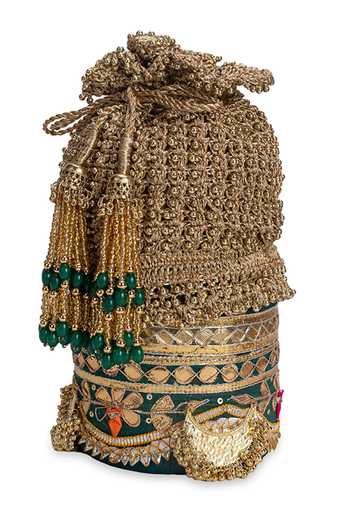 5elements_Green Beads, Zari, Tassels Kanakmayuri Embellished Potli _at_Aza_Fashions