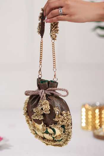 5elements_Green Beads, Tassels, Gota Patti Swarna Mati Embellished Potli _Online_at_Aza_Fashions