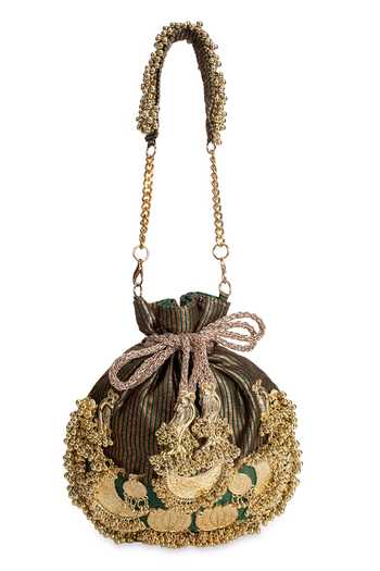 Buy_5elements_Green Beads, Tassels, Gota Patti Swarna Mati Embellished Potli _Online_at_Aza_Fashions