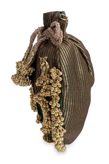 Shop_5elements_Green Beads, Tassels, Gota Patti Swarna Mati Embellished Potli _Online_at_Aza_Fashions