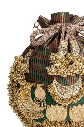 Shop_5elements_Green Beads, Tassels, Gota Patti Swarna Mati Embellished Potli 