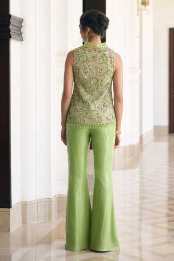Shop Awigna Green Net V-neck Tansy Vest And Palazzo Set at Aza Fashions Shop_Awigna_Green Net V-neck Tansy Vest And Palazzo Set _at_Aza_Fashions