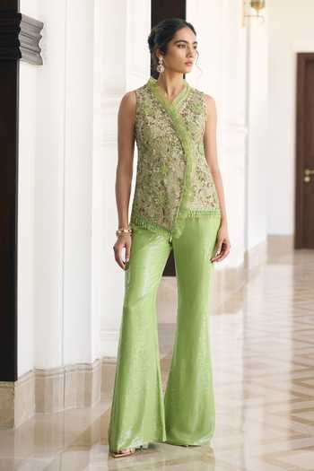 Buy Awigna Green Net V-neck Tansy Vest And Palazzo Set at Aza Fashions Buy_Awigna_Green Net V-neck Tansy Vest And Palazzo Set _at_Aza_Fashions