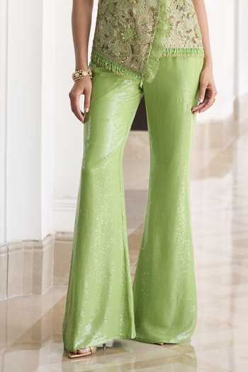 Awigna Green Net V-neck Tansy Vest And Palazzo Set Online at Aza Fashions Awigna_Green Net V-neck Tansy Vest And Palazzo Set _Online_at_Aza_Fashions