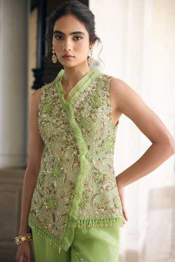 Buy Awigna Green Net V-neck Tansy Vest And Palazzo Set Online at Aza Fashions Buy_Awigna_Green Net V-neck Tansy Vest And Palazzo Set _Online_at_Aza_Fashions