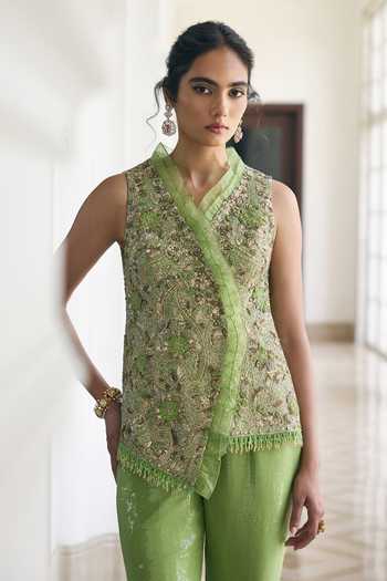 Shop Awigna Green Net V-neck Tansy Vest And Palazzo Set Online at Aza Fashions Shop_Awigna_Green Net V-neck Tansy Vest And Palazzo Set _Online_at_Aza_Fashions