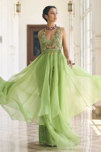 Awigna_Green Organza, Net Sweetheart Neck Gladious Embroidered Cape Set _Online_at_Aza_Fashions