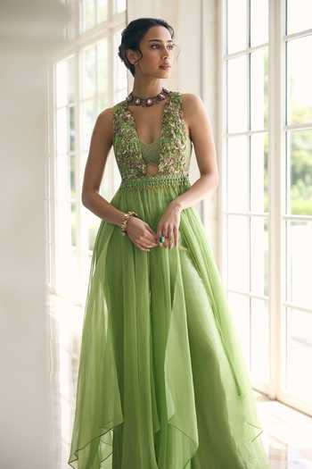 Buy_Awigna_Green Organza, Net Sweetheart Neck Gladious Embroidered Cape Set _Online_at_Aza_Fashions