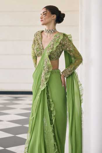 Awigna_Green Organza, Net, Chiffon V-neck Lutus Saree And Blouse Set _Online_at_Aza_Fashions