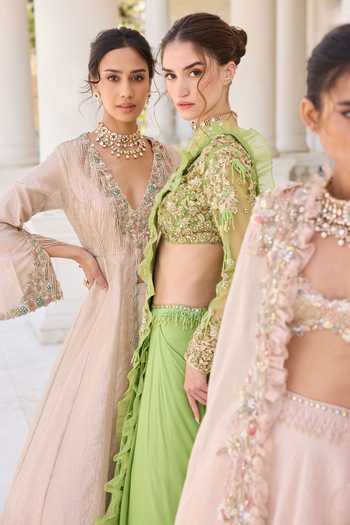 Buy_Awigna_Green Organza, Net, Chiffon V-neck Lutus Saree And Blouse Set _Online_at_Aza_Fashions