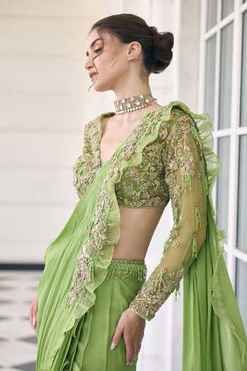 Shop_Awigna_Green Organza, Net, Chiffon V-neck Lutus Saree And Blouse Set _Online_at_Aza_Fashions
