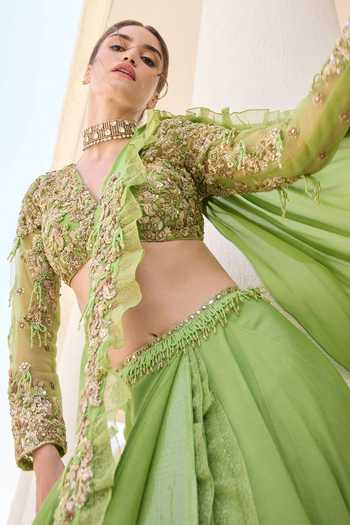Awigna_Green Organza, Net, Chiffon V-neck Lutus Saree And Blouse Set _at_Aza_Fashions