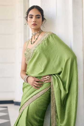 Awigna Green Georgette, Satin, Net Sweetheart Neck Zuhur Saree And Blouse Set Online at Aza Fashions Awigna_Green Georgette, Satin, Net Sweetheart Neck Zuhur Saree And Blouse Set _Online_at_Aza_Fashions
