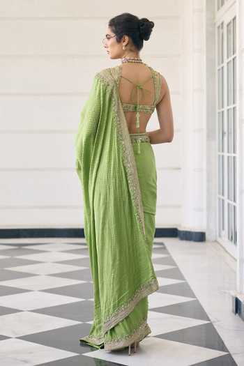 Shop Awigna Green Georgette, Satin, Net Sweetheart Neck Zuhur Saree And Blouse Set at Aza Fashions Shop_Awigna_Green Georgette, Satin, Net Sweetheart Neck Zuhur Saree And Blouse Set _at_Aza_Fashions