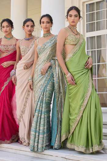 Awigna Green Georgette, Satin, Net Sweetheart Neck Zuhur Saree And Blouse Set at Aza Fashions Awigna_Green Georgette, Satin, Net Sweetheart Neck Zuhur Saree And Blouse Set _at_Aza_Fashions