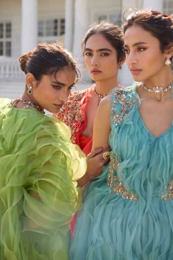 Awigna_Green Organza Sweetheart , Open Paeonia Cape Pant Set _Online_at_Aza_Fashions