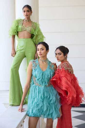 Buy_Awigna_Green Organza Sweetheart , Open Paeonia Cape Pant Set _Online_at_Aza_Fashions