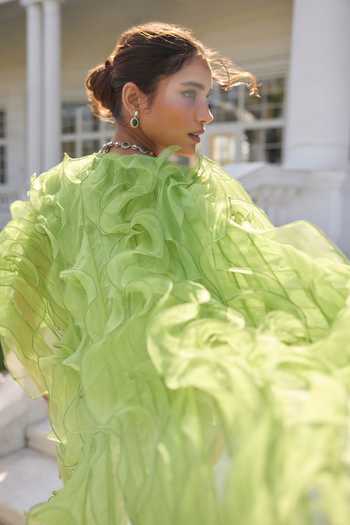 Shop_Awigna_Green Organza Sweetheart , Open Paeonia Cape Pant Set _Online_at_Aza_Fashions
