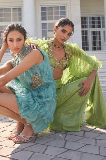 Awigna_Green Organza Sweetheart , Open Paeonia Cape Pant Set _at_Aza_Fashions