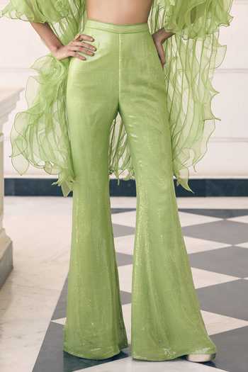 Buy_Awigna_Green Organza Sweetheart , Open Paeonia Cape Pant Set 