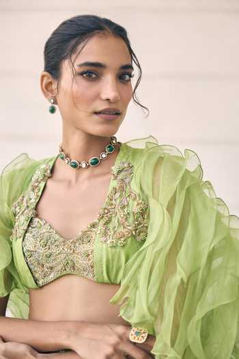 Shop_Awigna_Green Organza Sweetheart , Open Paeonia Cape Pant Set 
