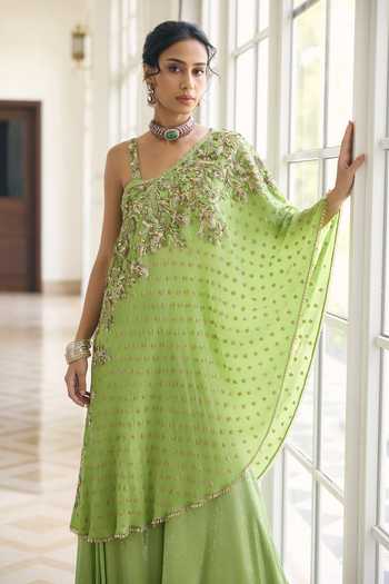Awigna_Green Crepe One Shoulder Adlefa Cape Kurta Set With Palazzo _Online_at_Aza_Fashions