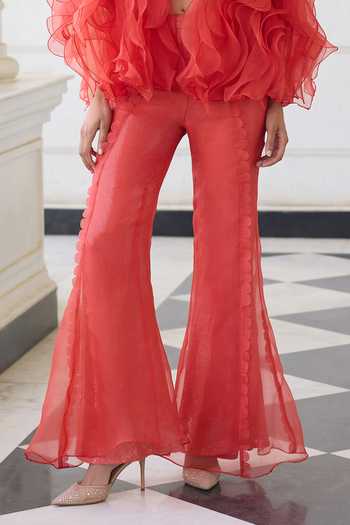 Awigna Orange Organza Sweetheart Neck, Open Hollyhock Embellished Ruffle Jacket Set Online at Aza Fashions Awigna_Orange Organza Sweetheart Neck, Open Hollyhock Embellished Ruffle Jacket Set _Online_at_Aza_Fashions