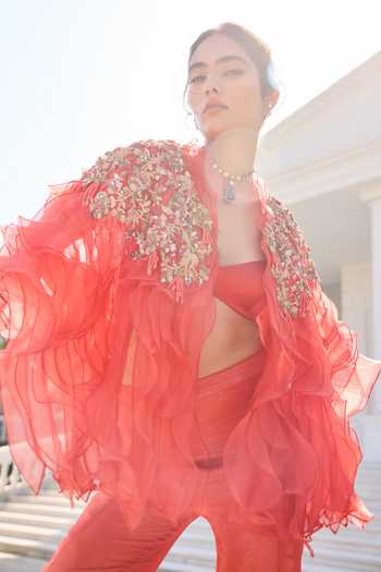 Buy Awigna Orange Organza Sweetheart Neck, Open Hollyhock Embellished Ruffle Jacket Set Online at Aza Fashions Buy_Awigna_Orange Organza Sweetheart Neck, Open Hollyhock Embellished Ruffle Jacket Set _Online_at_Aza_Fashions