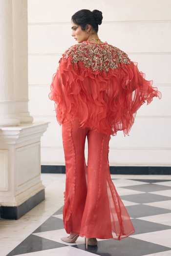 Shop Awigna Orange Organza Sweetheart Neck, Open Hollyhock Embellished Ruffle Jacket Set at Aza Fashions Shop_Awigna_Orange Organza Sweetheart Neck, Open Hollyhock Embellished Ruffle Jacket Set _at_Aza_Fashions
