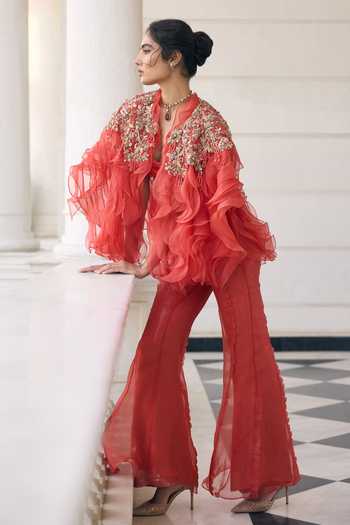 Shop Awigna Orange Organza Sweetheart Neck, Open Hollyhock Embellished Ruffle Jacket Set Online at Aza Fashions Shop_Awigna_Orange Organza Sweetheart Neck, Open Hollyhock Embellished Ruffle Jacket Set _Online_at_Aza_Fashions