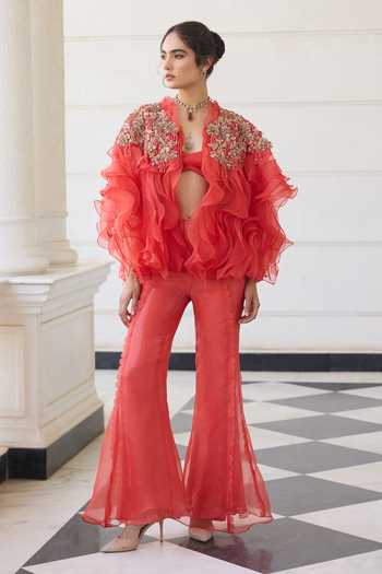 Buy Awigna Orange Organza Sweetheart Neck, Open Hollyhock Embellished Ruffle Jacket Set at Aza Fashions Buy_Awigna_Orange Organza Sweetheart Neck, Open Hollyhock Embellished Ruffle Jacket Set _at_Aza_Fashions