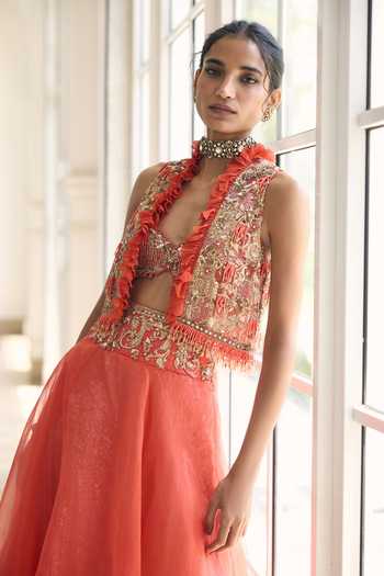 Awigna_Orange Organza Sweetheart Neck Daffodill Embroidered Blouse Set _Online_at_Aza_Fashions