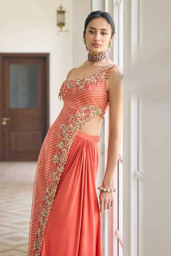 Awigna_Orange Net, Lycra Asymmetric, One Shoulder, Yes Plumeria Kurta And Skirt Set _Online_at_Aza_Fashions