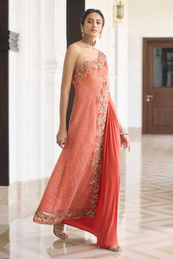Buy_Awigna_Orange Net, Lycra Asymmetric, One Shoulder, Yes Plumeria Kurta And Skirt Set _Online_at_Aza_Fashions