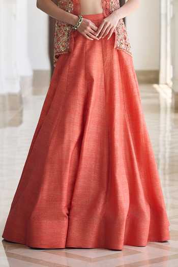 Awigna_Orange Silk, Net Halter Neck Camellia Dola Lehenga Set _Online_at_Aza_Fashions