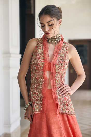Buy_Awigna_Orange Silk, Net Halter Neck Camellia Dola Lehenga Set _Online_at_Aza_Fashions