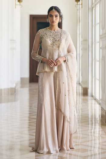 Buy_Awigna_Ivory Organza, Tissue Round Neck, Yes Daisy Kurta Palazzo Set _Online_at_Aza_Fashions
