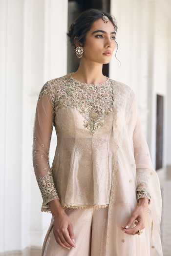 Shop_Awigna_Ivory Organza, Tissue Round Neck, Yes Daisy Kurta Palazzo Set _Online_at_Aza_Fashions