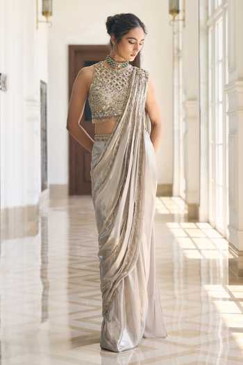 Awigna_Grey Georgette, Net High Neck Angelonia Pre-draped Saree And Blouse Set _Online_at_Aza_Fashions