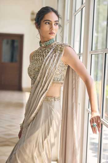 Buy_Awigna_Grey Georgette, Net High Neck Angelonia Pre-draped Saree And Blouse Set _Online_at_Aza_Fashions
