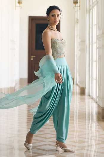 Awigna_Teal Organza, Satin, Modal Embroidery Freesia Corset And Pleated Dhoti Pant Set _Online_at_Aza_Fashions